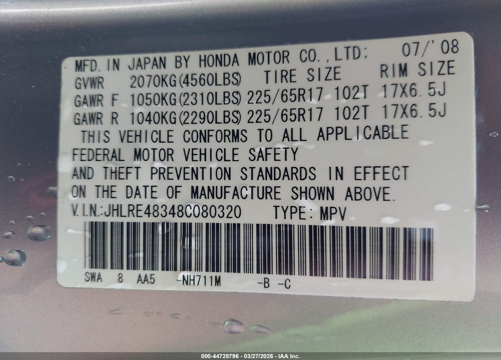 2008 HONDA CR-V LX VIN: JHLRE48348C080320