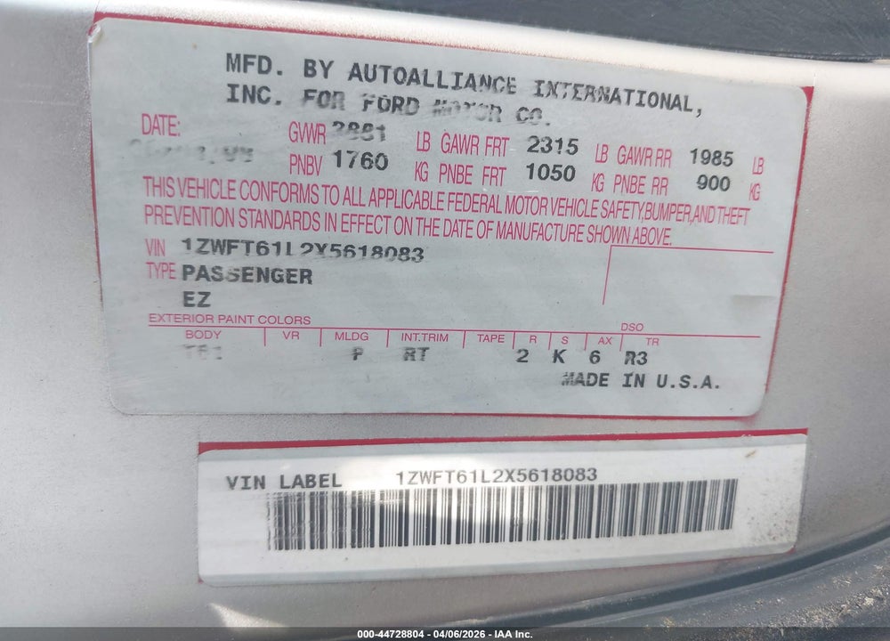 1999 MERCURY COUGAR V6 VIN: 1ZWFT61L5X5753090