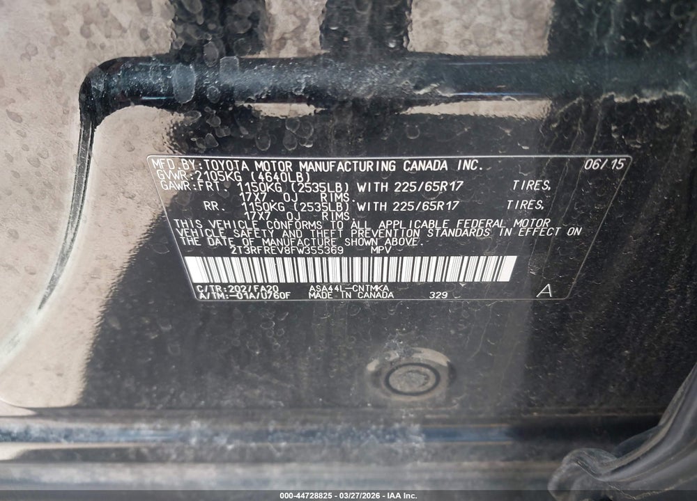 2015 TOYOTA RAV4 XLE VIN: 2T3RFREV8FW355369