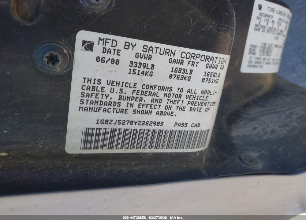 2000 SATURN SL2 VIN: 1G8ZJ5270YZ262985
