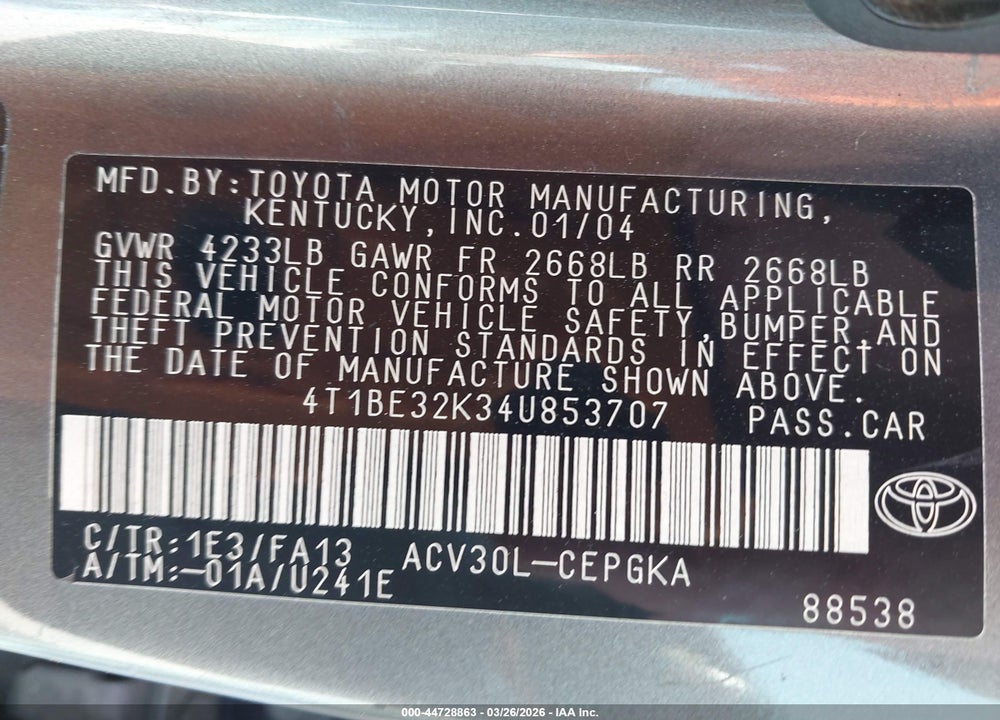 2004 TOYOTA CAMRY XLE VIN: 4T1BE32K34U853707
