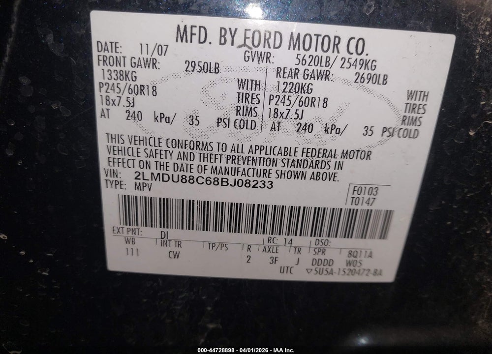 2008 LINCOLN MKX VIN: 2LMDU88C68BJ08233