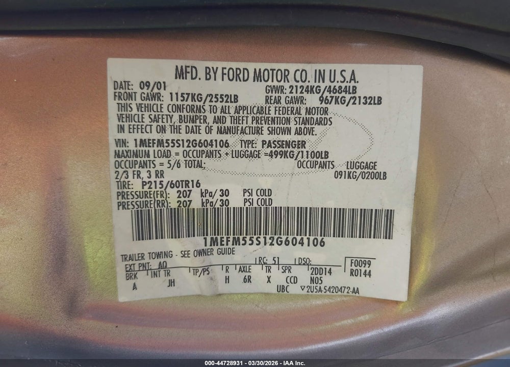 2002 MERCURY SABLE LS PREMIUM VIN: 1MEFM55S12G604106