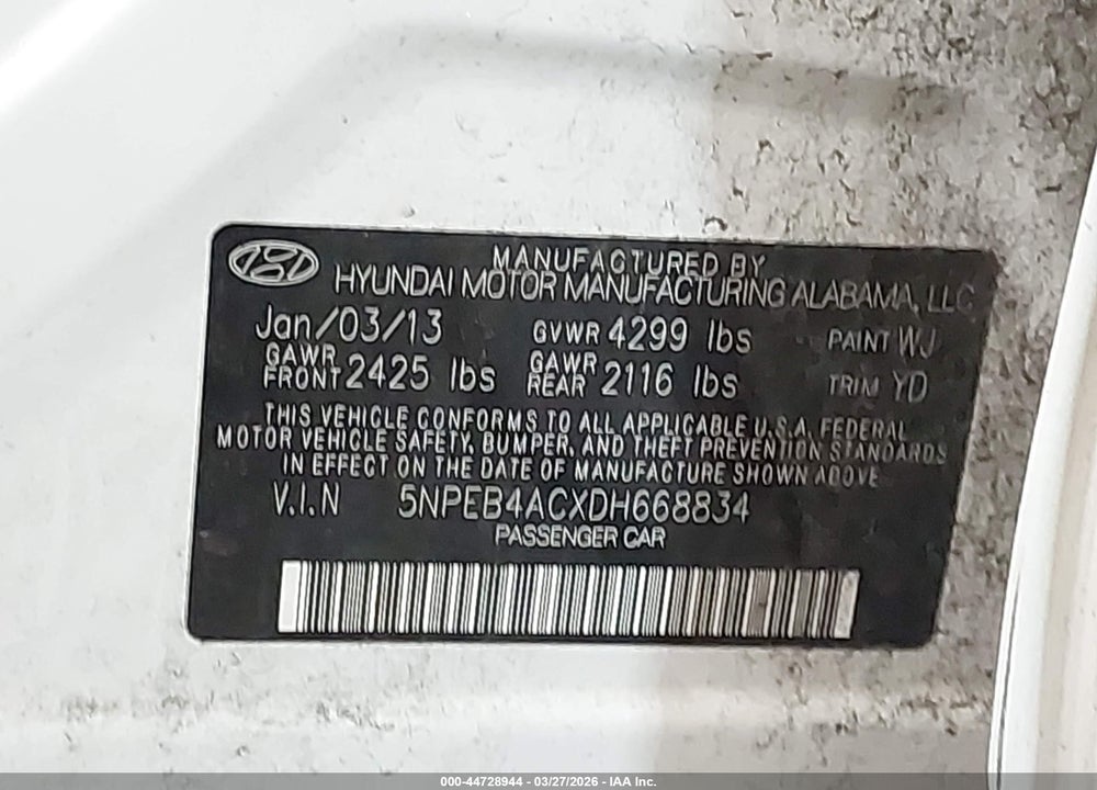 2013 HYUNDAI SONATA GLS VIN: 5NPEB4ACXDH668834
