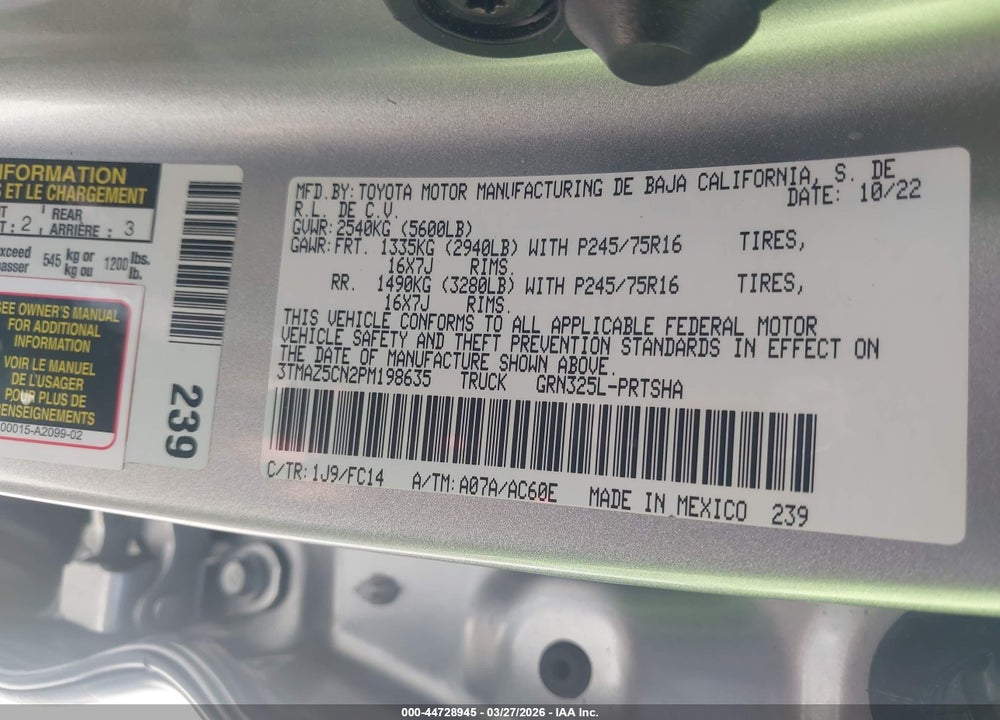 2023 TOYOTA TACOMA SR5 V6 VIN: 3TMAZ5CN2PM198635