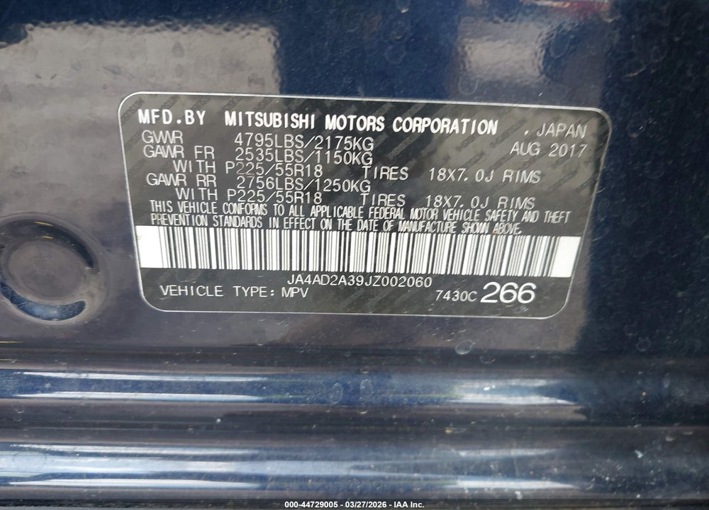 2018 MITSUBISHI OUTLANDER ES VIN: JA4AD2A39JZ002060