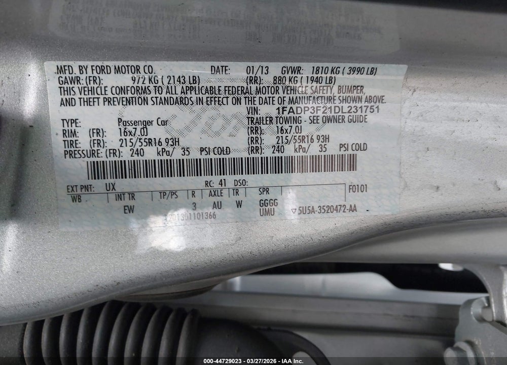 2013 FORD FOCUS SE VIN: 1FADP3F21DL231751