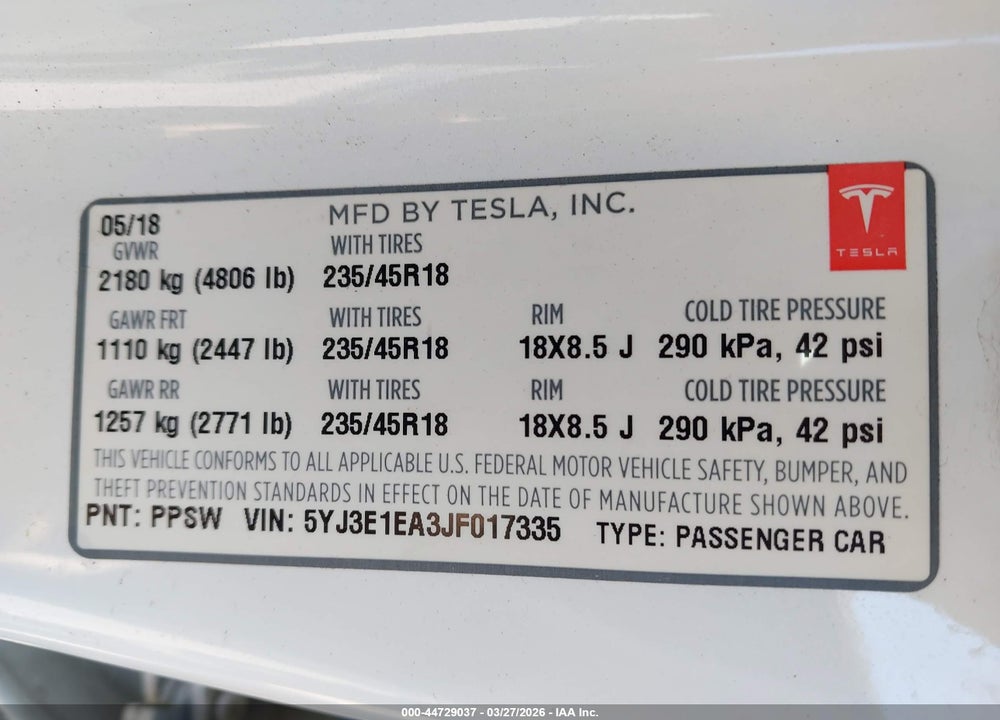 2018 TESLA MODEL 3 LONG RANGE/MID RANGE VIN: 5YJ3E1EA3JF017335