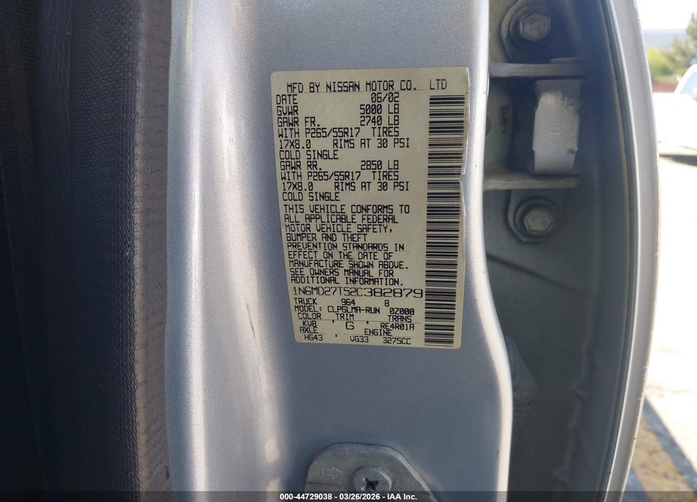 2002 NISSAN FRONTIER CREW CAB SC VIN: 1N6MD27T52C382879