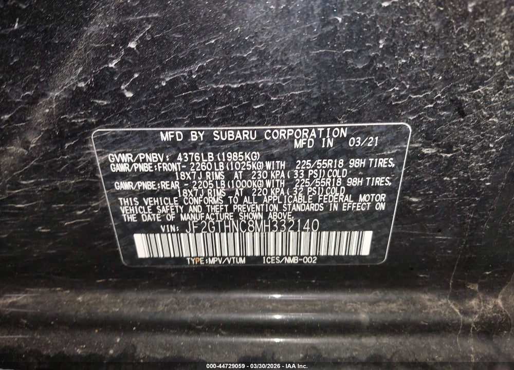2021 SUBARU CROSSTREK LIMITED VIN: JF2GTHNC8MH332140