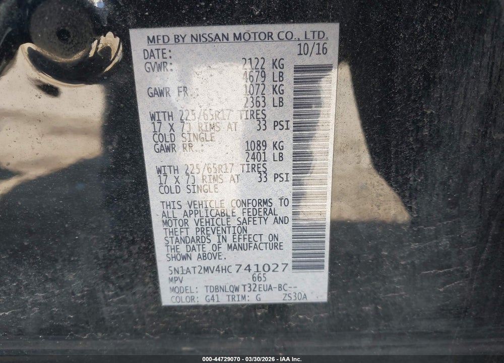 2017 NISSAN ROGUE SV VIN: 5N1AT2MV4HC741027