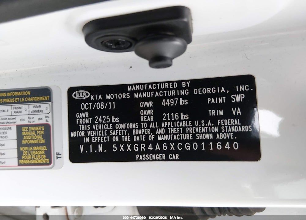 2012 KIA OPTIMA SX VIN: 5XXGR4A6XCG011640