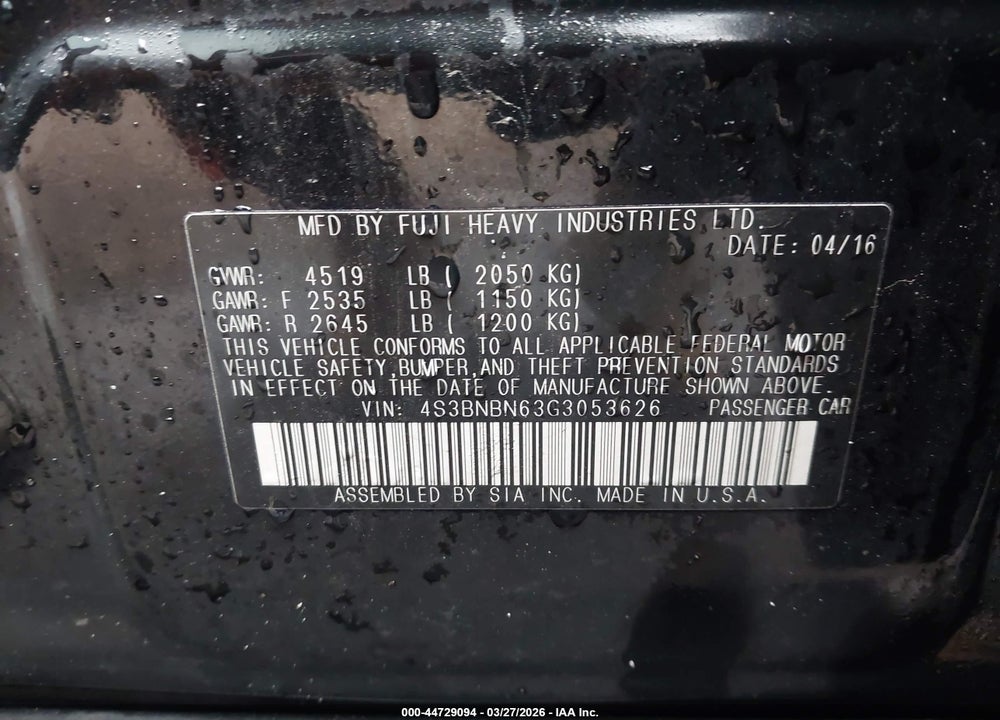 2016 SUBARU LEGACY 2.5I LIMITED VIN: 4S3BNBN63G3053626