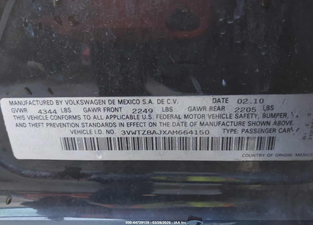 2010 VOLKSWAGEN JETTA SE VIN: 3VWTZ8AJXAM664150