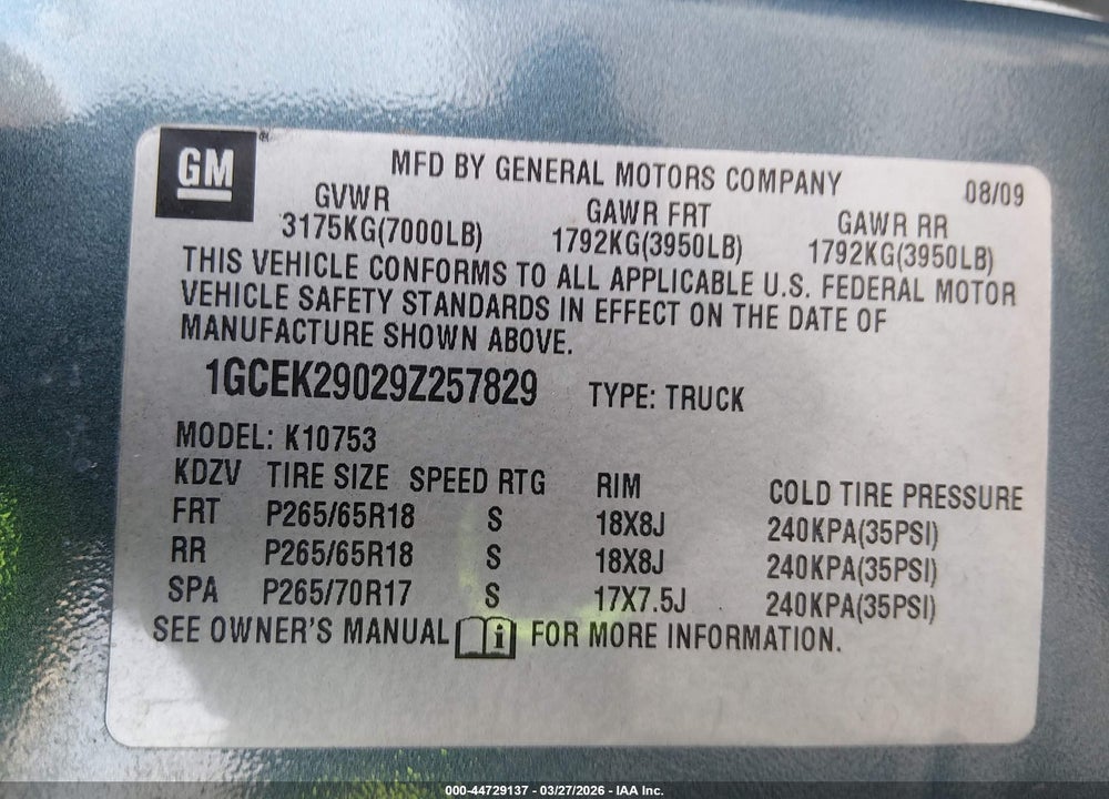 2009 CHEVROLET SILVERADO 1500 LT VIN: 1GCEK29029Z257829