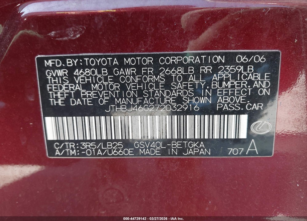 2007 LEXUS ES 350 VIN: JTHBJ46G272032916