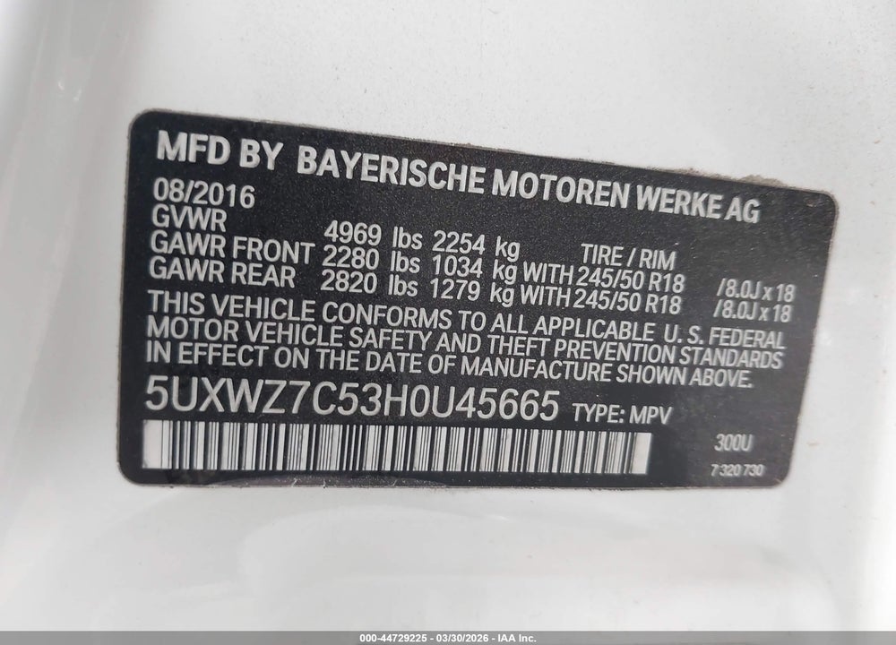 2017 BMW X3 SDRIVE28I VIN: 5UXWZ7C53H0U45665