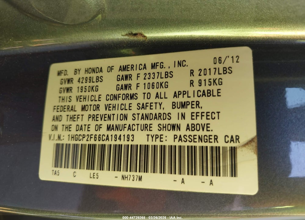 2012 HONDA ACCORD 2.4 SE VIN: 1HGCP2F66CA194193