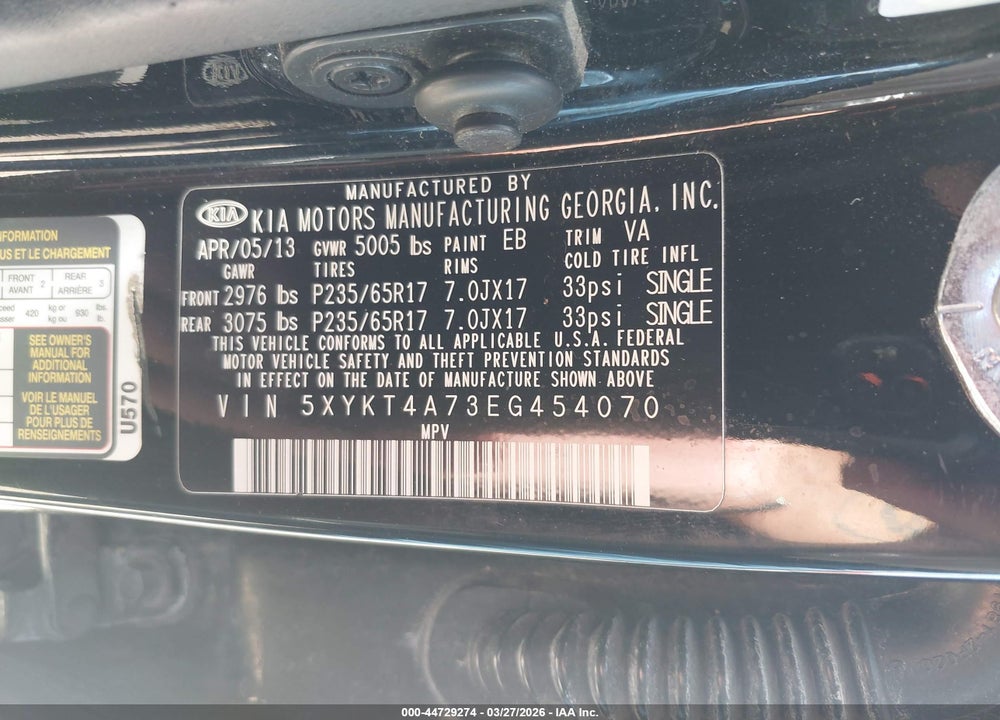2014 KIA SORENTO LX V6 VIN: 5XYKT4A73EG454070