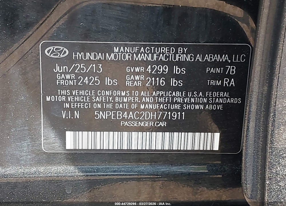 2013 HYUNDAI SONATA GLS VIN: 5NPEB4AC2DH771911