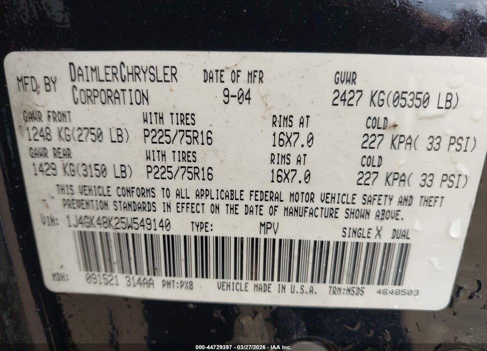 2005 JEEP LIBERTY SPORT VIN: 1J4GK48K25W549140