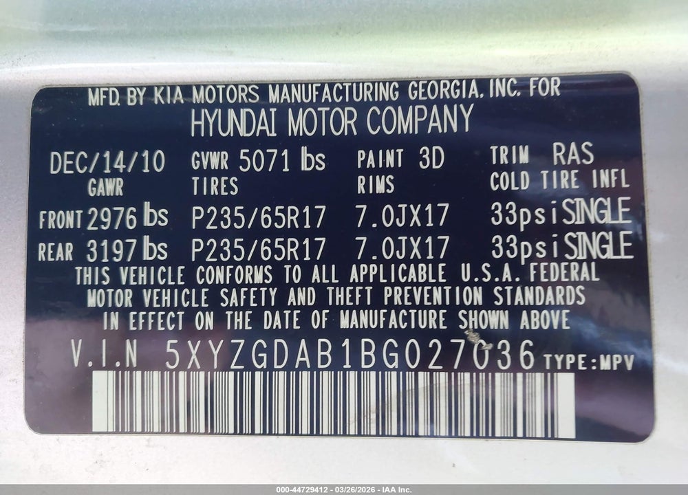 2011 HYUNDAI SANTA FE GLS VIN: 5XYZGDAB1BG027036