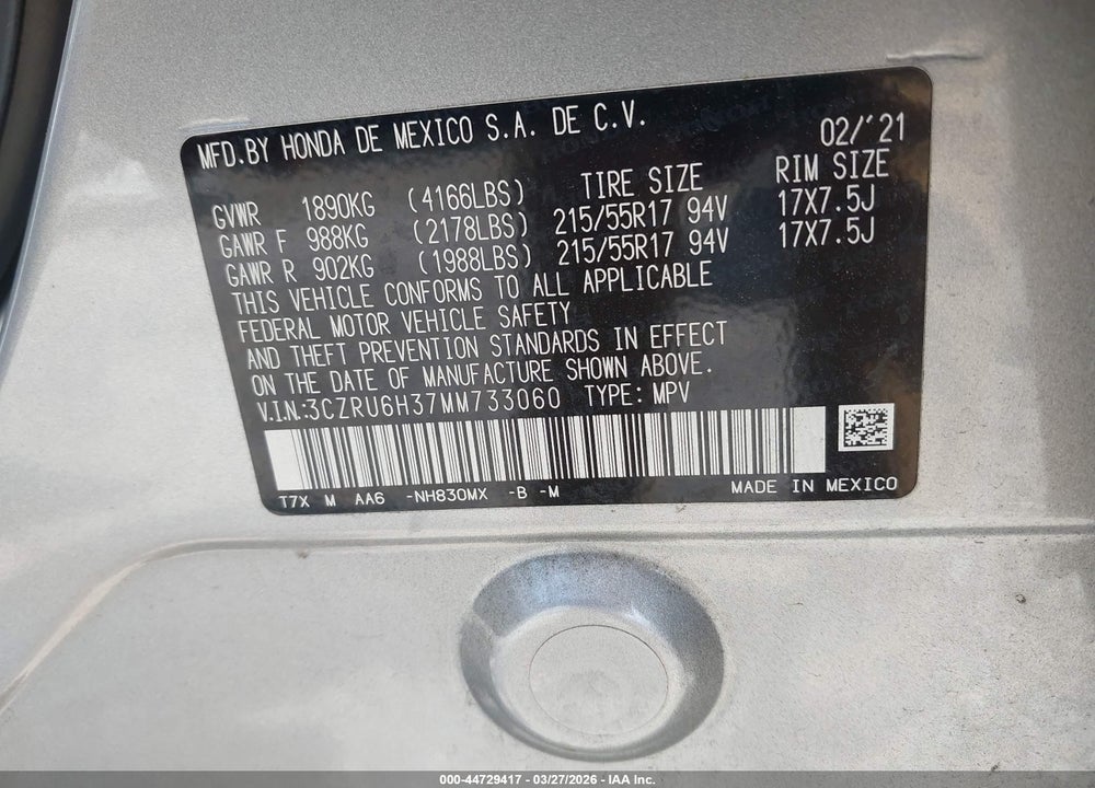 2021 HONDA HR-V AWD LX VIN: 3CZRU6H37MM733060