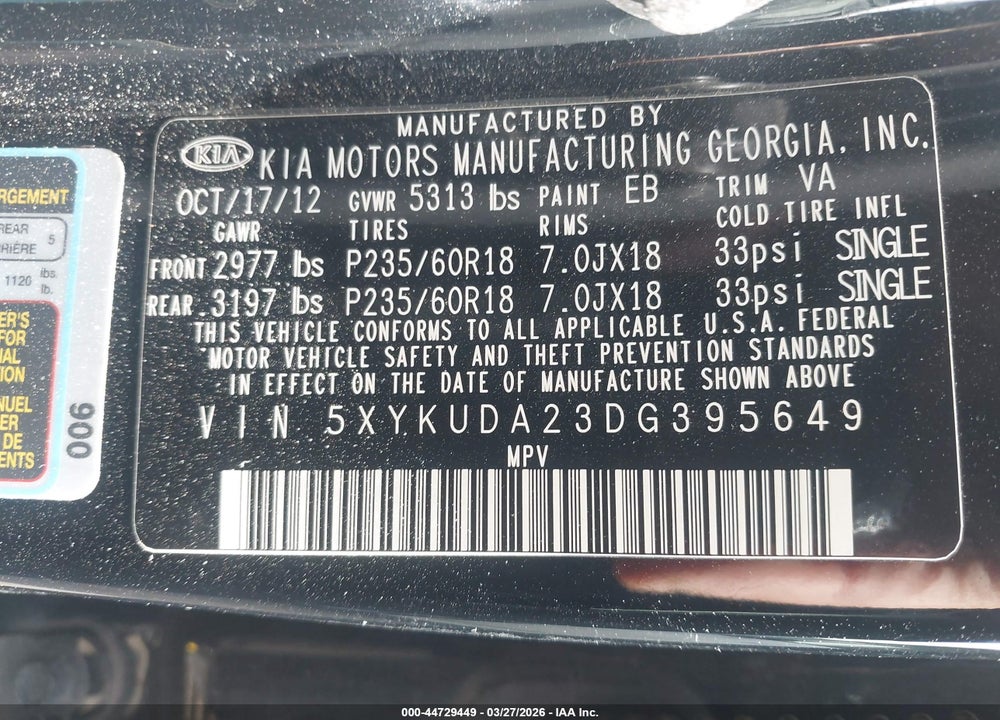 2013 KIA SORENTO EX V6 VIN: 5XYKUDA23DG395649