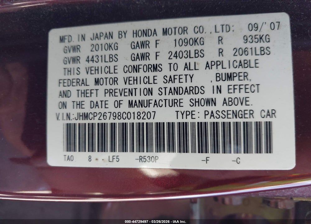 2008 HONDA ACCORD 2.4 EX VIN: JHMCP26798C018207