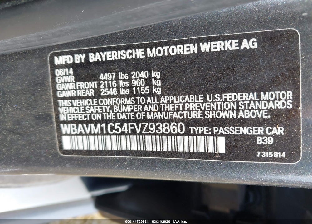 2015 BMW X1 SDRIVE28I VIN: WBAVM1C54FVZ93860