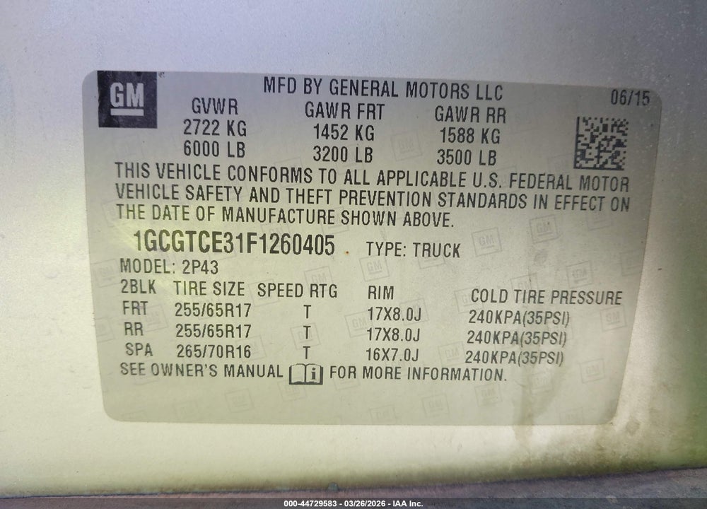 2015 CHEVROLET COLORADO Z71 VIN: 1GCGTCE31F1260405