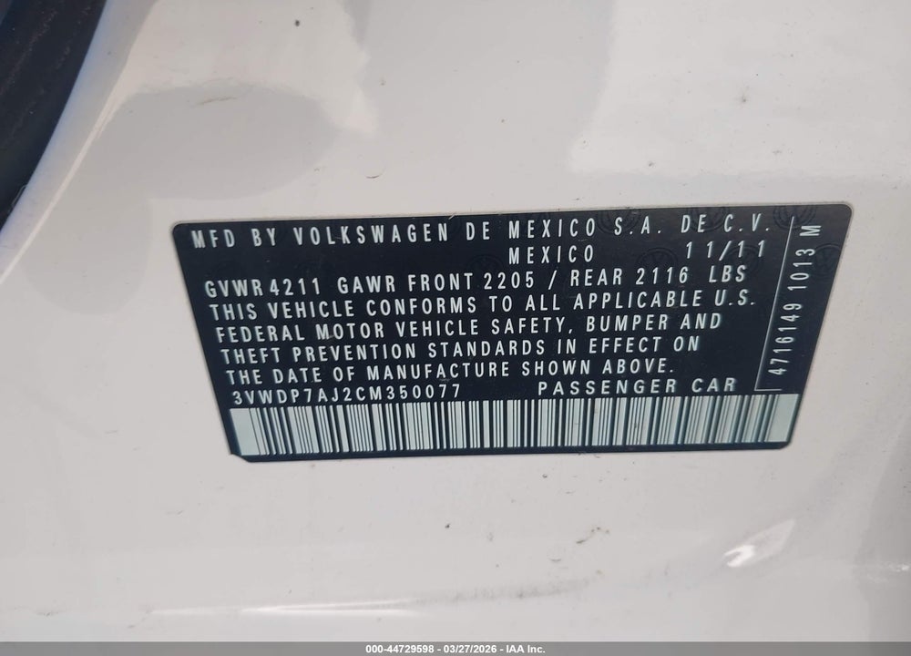 2012 VOLKSWAGEN JETTA 2.5L SE VIN: 3VWDP7AJ2CM350077