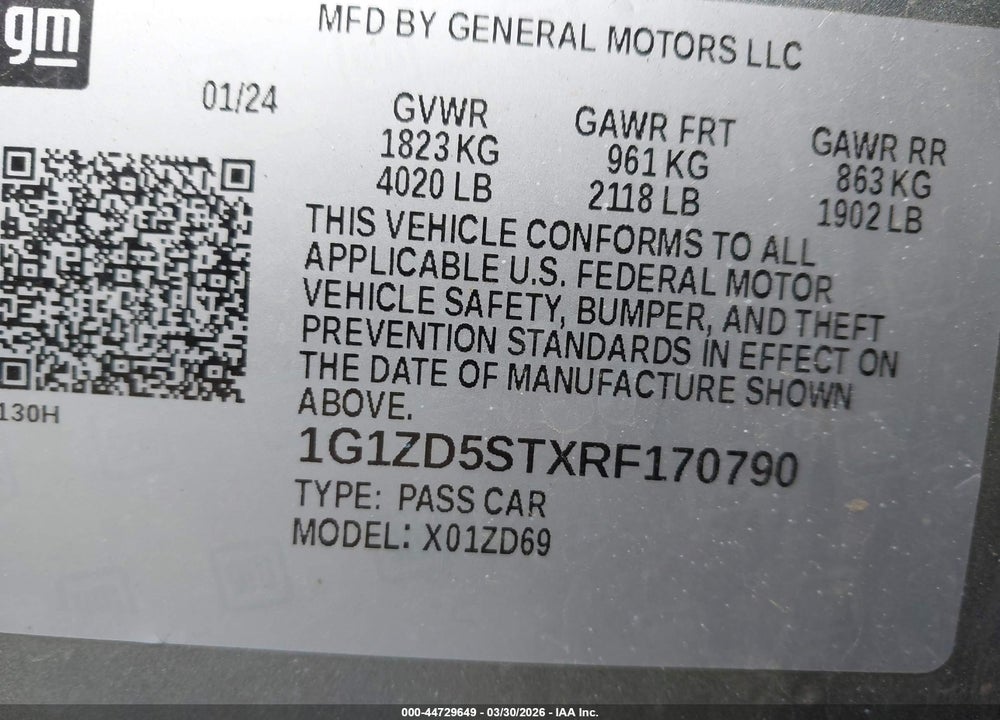 2024 CHEVROLET MALIBU FWD 1LT VIN: 1G1ZD5STXRF170790