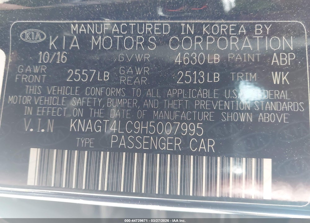2017 KIA OPTIMA HYBRID VIN: KNAGT4LC9H5007995