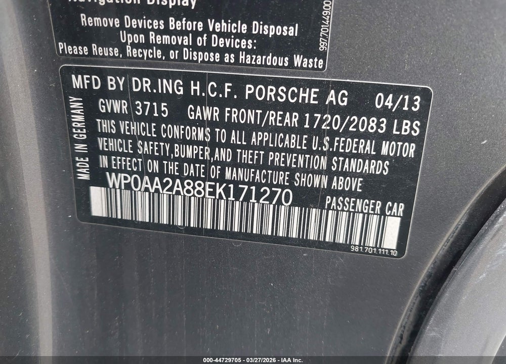 2014 PORSCHE CAYMAN VIN: WP0AA2A88EK171270