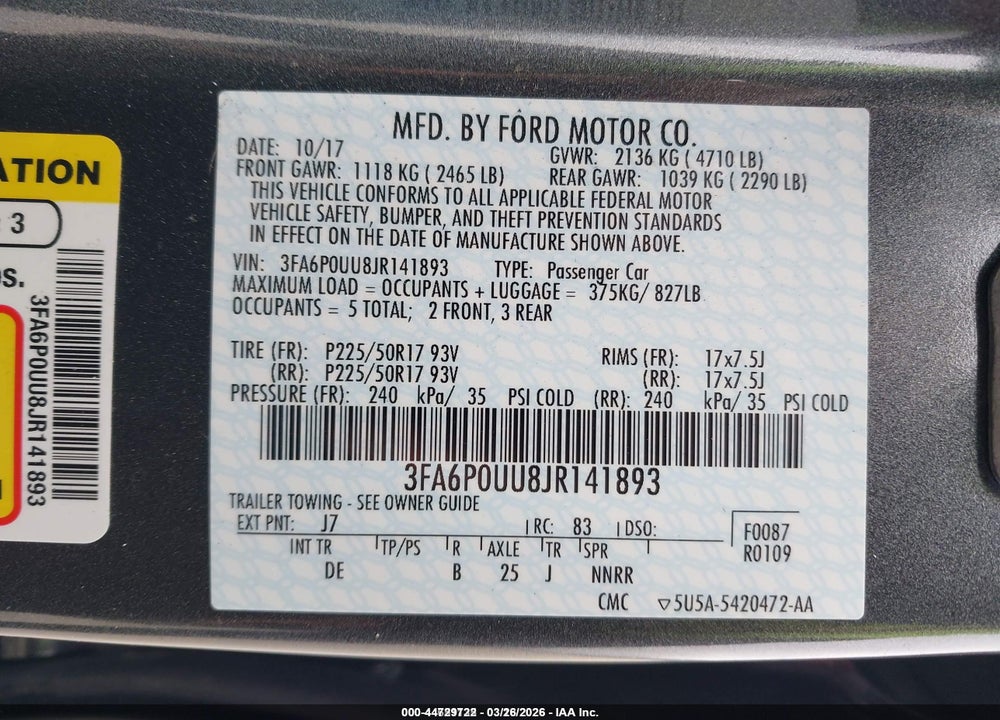 2018 FORD FUSION HYBRID S VIN: 3FA6P0UU8JR141893