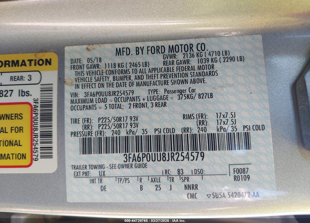 2018 FORD FUSION HYBRID S VIN: 3FA6P0UU8JR254579