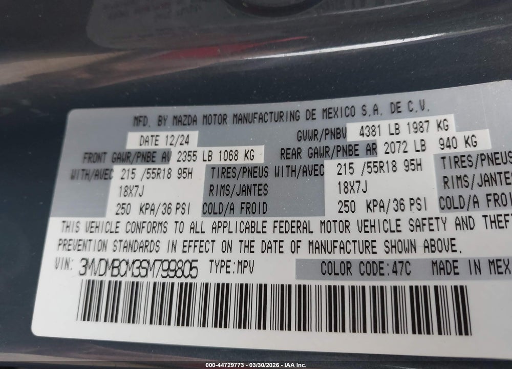 2025 MAZDA CX-30 2.5 S CARBON EDITION VIN: 3MVDMBCM3SM799805
