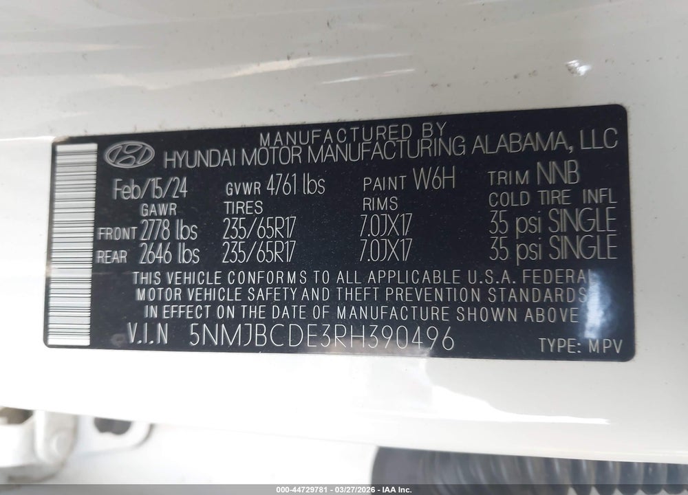 2024 HYUNDAI TUCSON SEL VIN: 5NMJBCDE3RH390496
