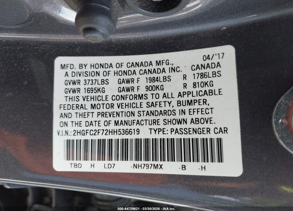 2017 HONDA CIVIC EX VIN: 2HGFC2F72HH536619