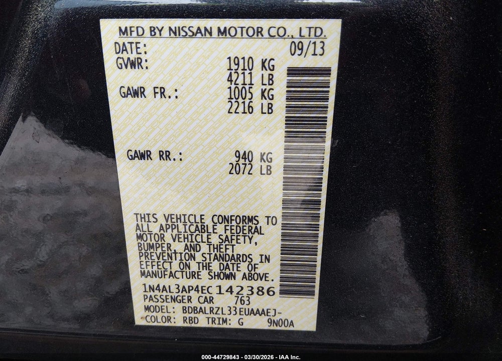 2014 NISSAN ALTIMA 2.5 S VIN: 1N4AL3AP4EC142386