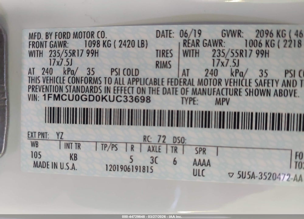 2019 FORD ESCAPE SE VIN: 1FMCU0GD0KUC33698