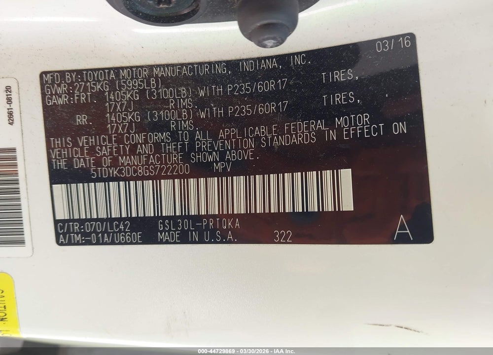 2016 TOYOTA SIENNA XLE PREMIUM 8 PASSENGER VIN: 5TDYK3DC8GS722200