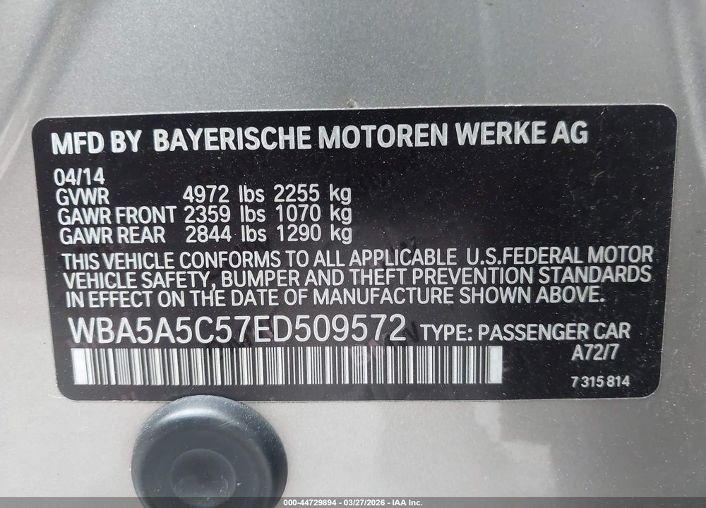 2014 BMW 528I VIN: WBA5A5C57ED509572
