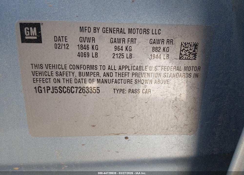 2012 CHEVROLET CRUZE ECO VIN: 1G1PJ5SC6C7263355
