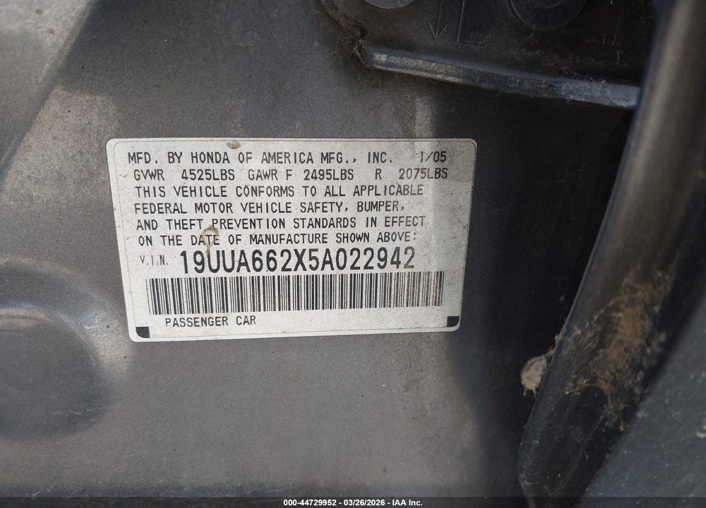 2005 ACURA TL VIN: 19UUA662X5A022942