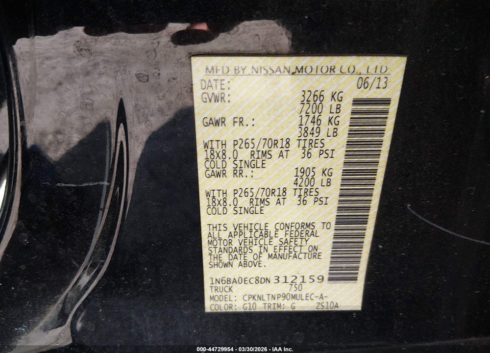 2013 NISSAN TITAN SV VIN: 1N6BA0EC8DN312159