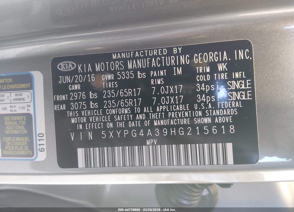 2017 KIA SORENTO 2.4L LX VIN: 5XYPG4A39HG215618
