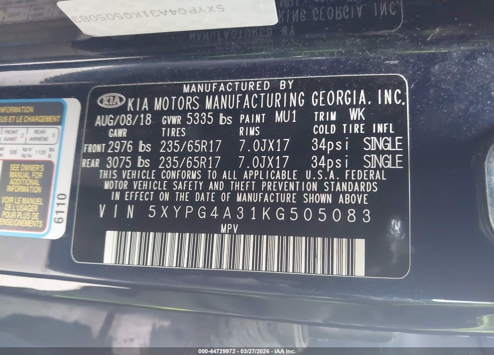 2019 KIA SORENTO 2.4L LX VIN: 5XYPG4A31KG505083