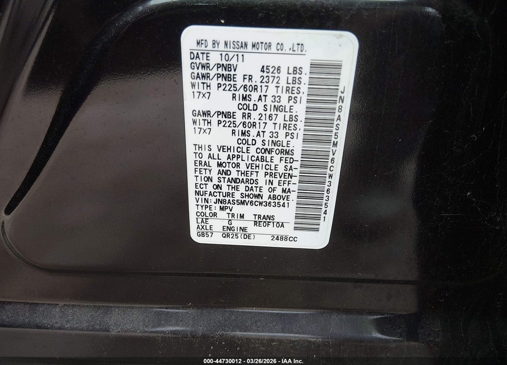 2012 NISSAN ROGUE SV VIN: JN8AS5MV6CW363541